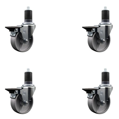 Service Caster 4'' Semi Steel Swivel 1-5/8'' Expanding Stem Caster Set with Brake, 4PK SCC-EX20S415-SSR-PLB-158-4